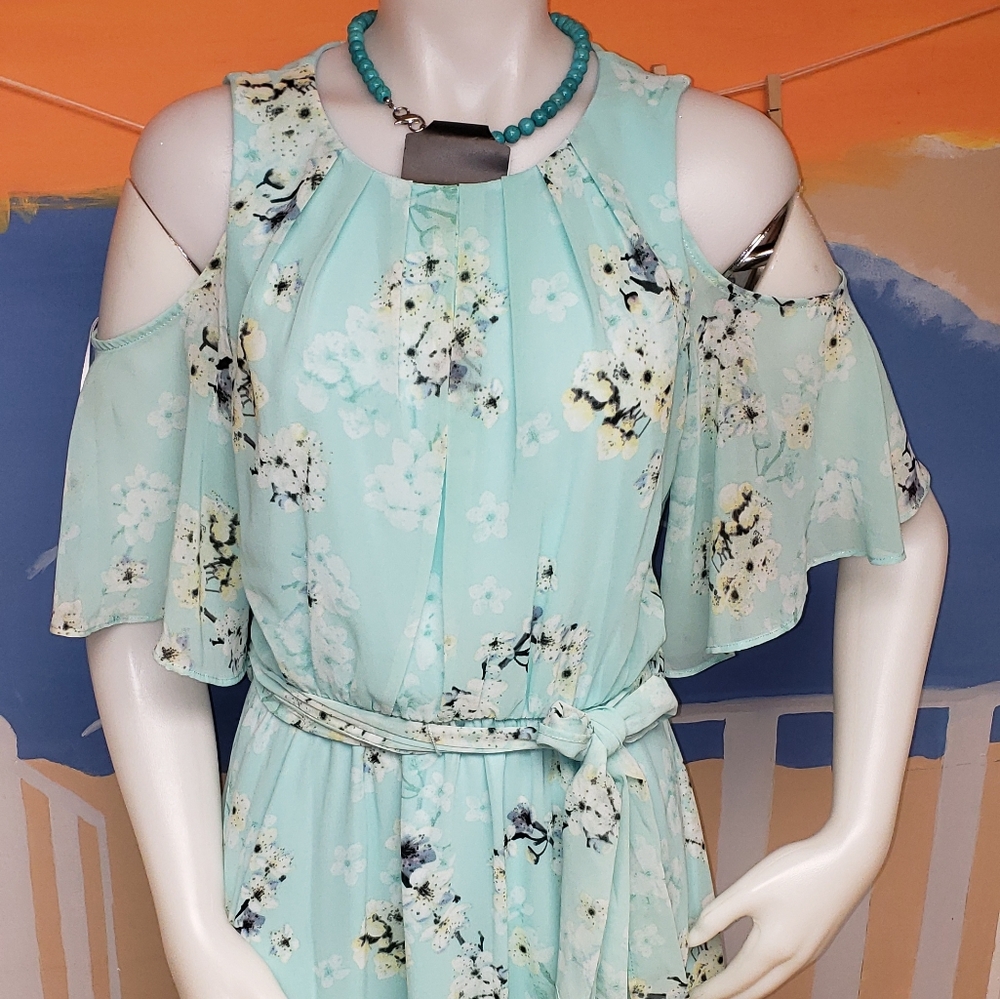 Calvin Klein Floral Cold Shoulder Belted Chiffon Maxi dress - Picture 2 of 15